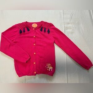 Girls Hot Pink Button-Up Cardigan with Navy Tassel Detail